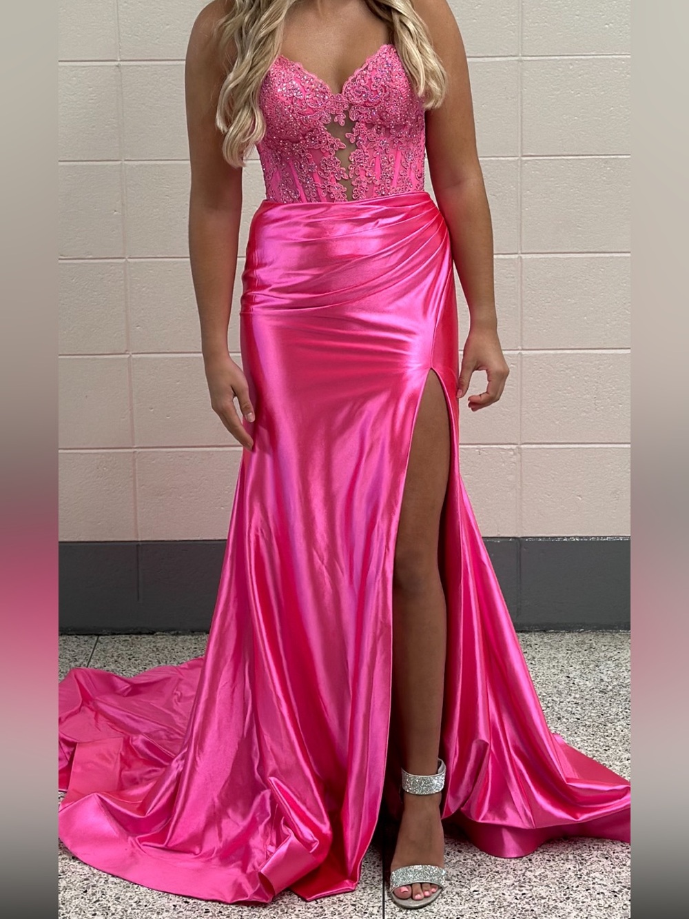 Sherri Hill Hot Pink Lace & Satin Prom Dress